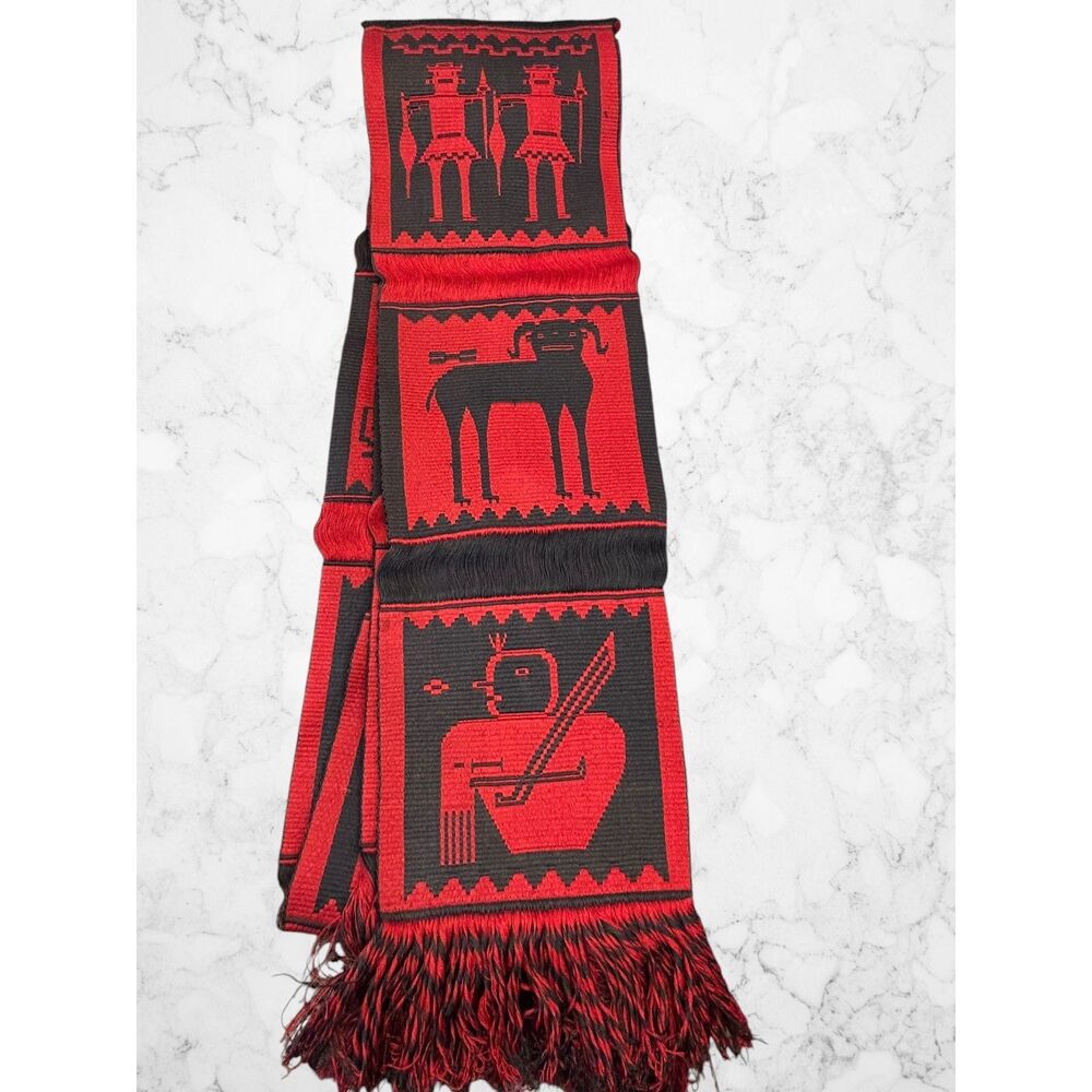 Ecuador Red Black Woven Textile Andean Folk Art Scarf Table Runner Wall Hanging
